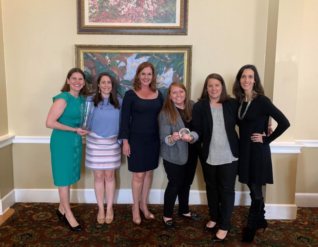 President Isabel Dewey, Hannah Parker, Lee Lowry, Maggie McCleland, Melanie Brown, and Mary Ellen Collins at the Junior Leagues of Florida State Public Affairs Committee (SPAC) Leading Ladies Luncheon receiving advocacy awards.